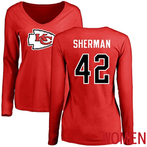 Women Kansas City Chiefs #42 Sherman Anthony Red Name and Number Logo Slim Fit Long Sleeve NFL T Shirt